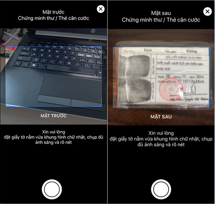 Chụp mặt trước v&agrave; sau của chứng minh thư