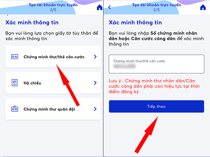 Nhập số chứng minh thư v&agrave; bấm tiếp theo